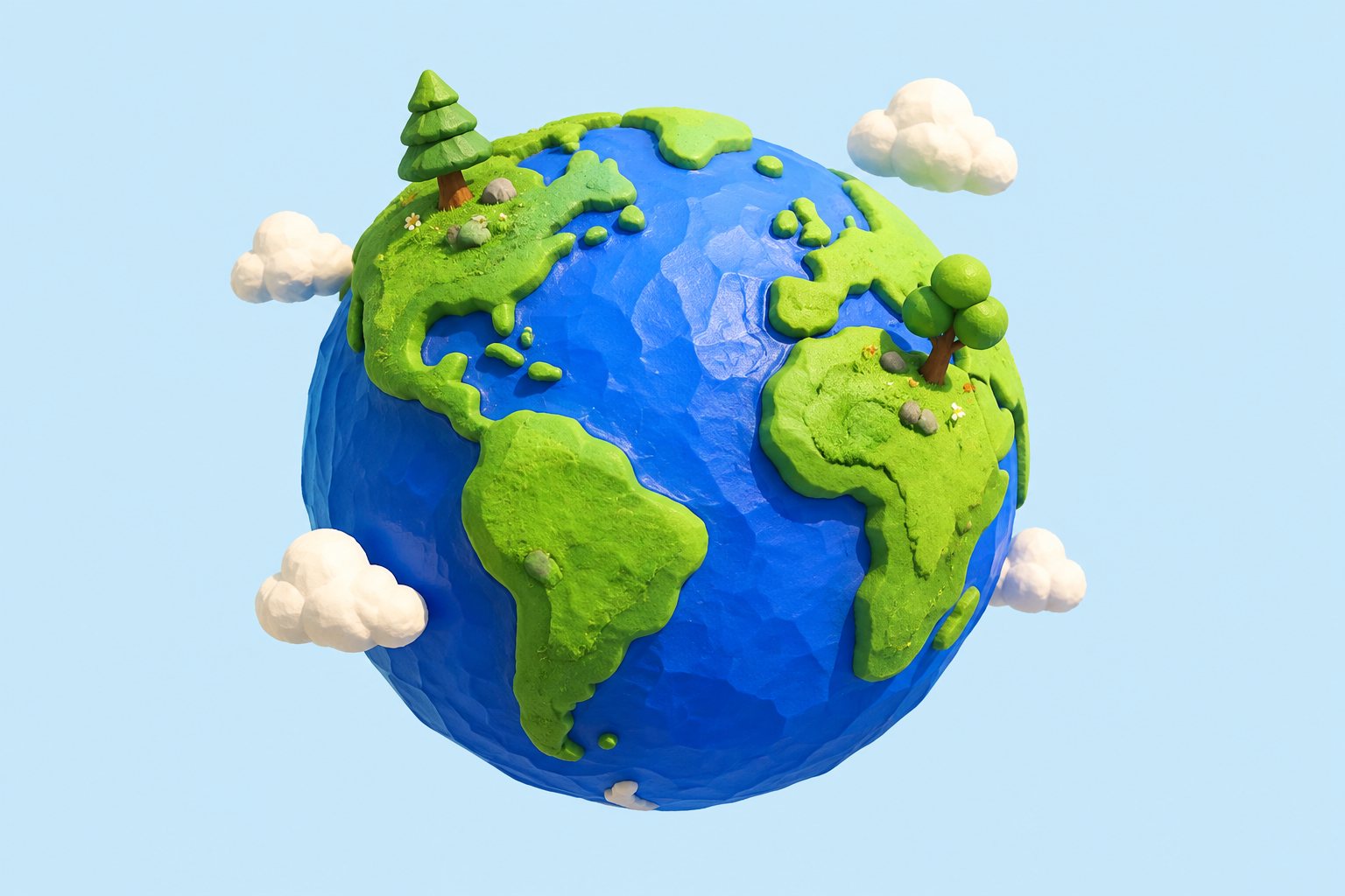 A miniature Earth with green continents, blue oceans, trees and clouds